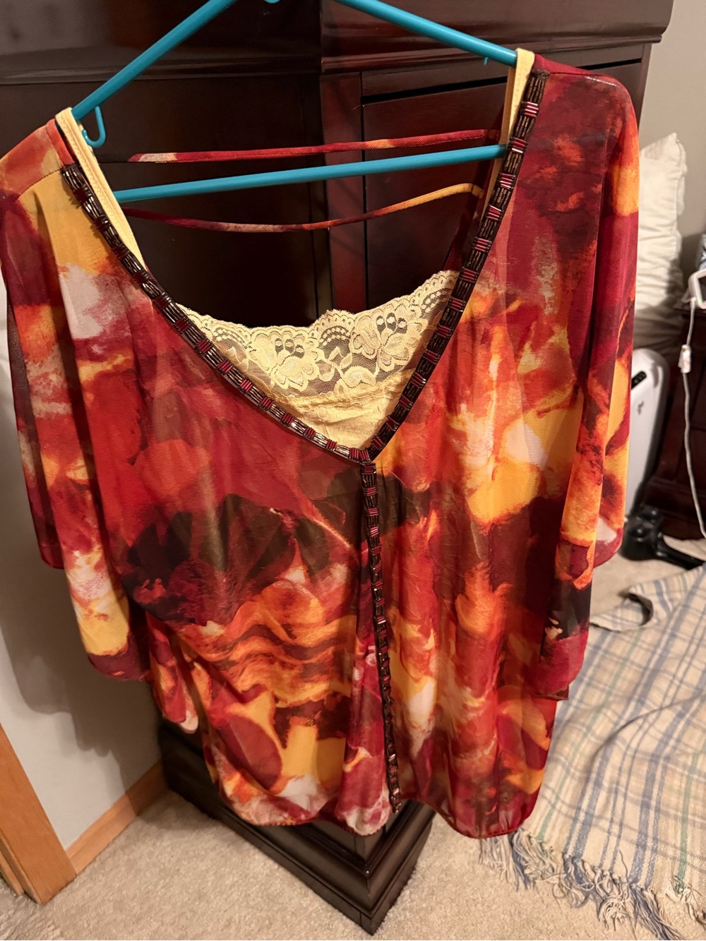 Maurices Red & Yellow Lace-Trim V-Neck Tunic